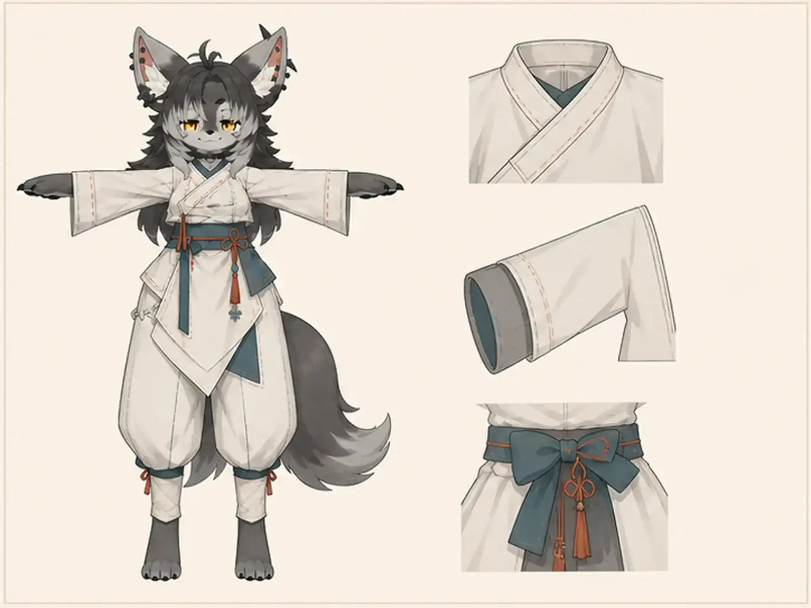 白衣文化の静かな服 — 韓服の線と量感の衣装設定画。着用全身と首元、腰の留め具、裾・靴・尾口の構造図。