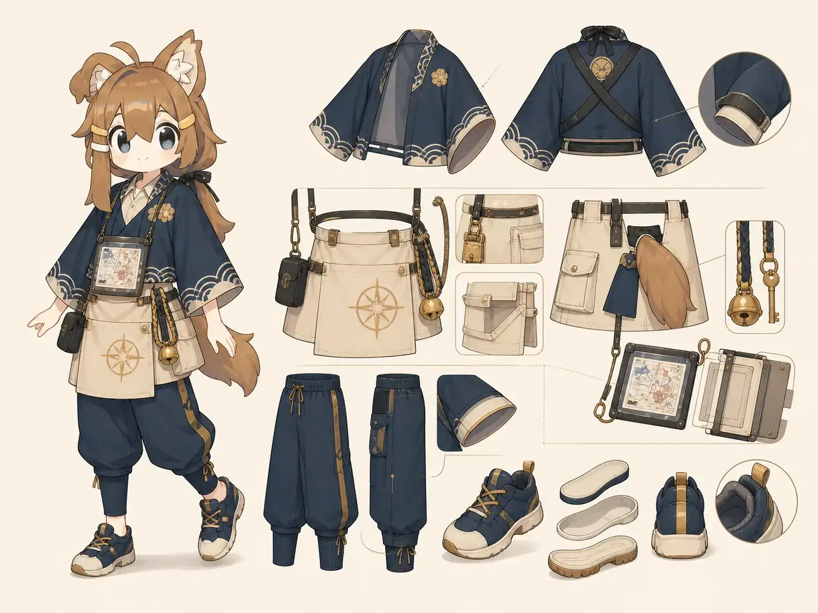 祭会場案内員 — 空間別ホスピタリティ服の衣装設定画。着用全身と首元、腰の留め具、裾・靴・尾口の構造図。