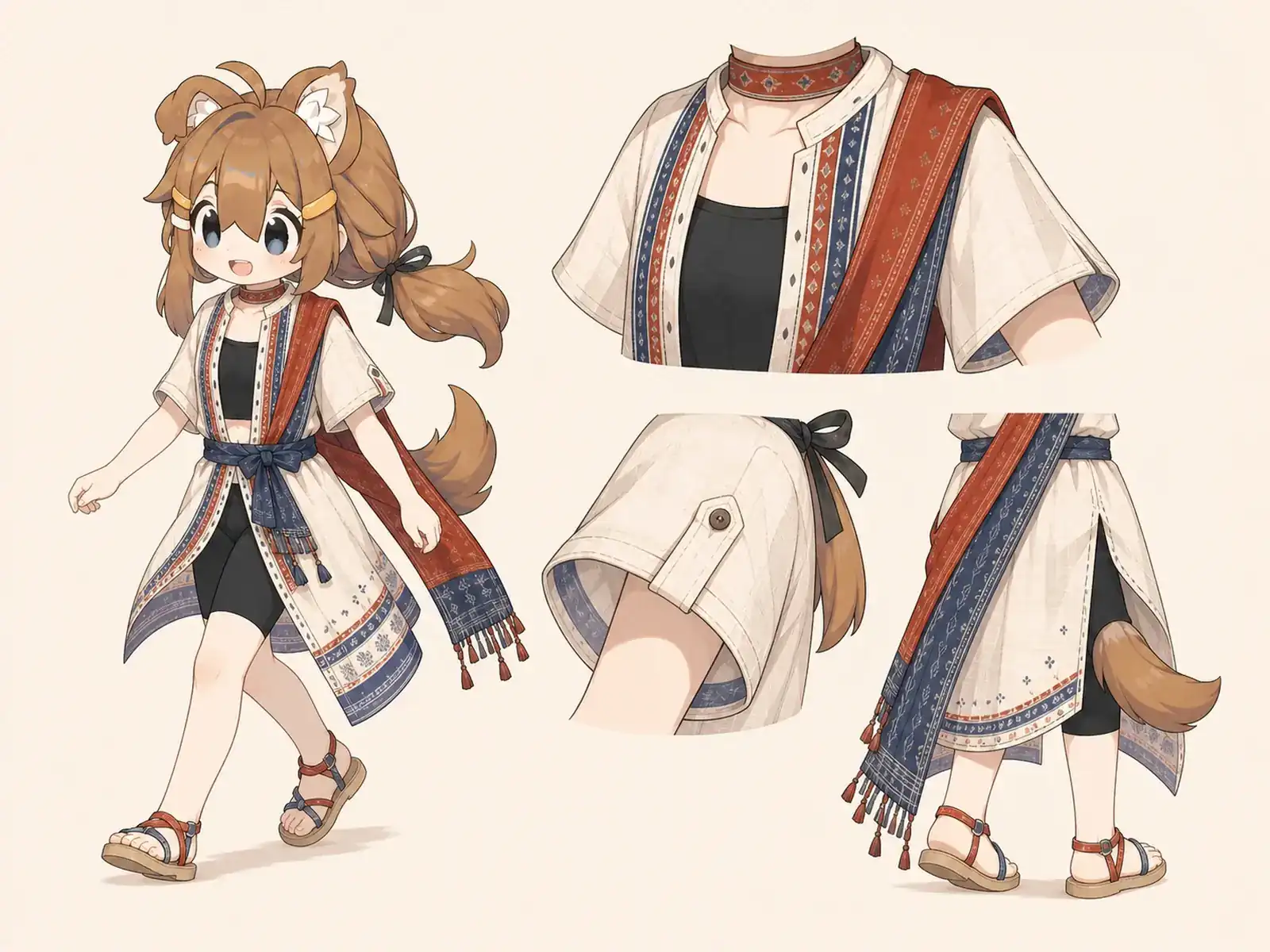 ベンガル綿の通気服 — インド織染とドレープの衣装設定画。着用全身と首元、腰の留め具、裾・靴・尾口の構造図。