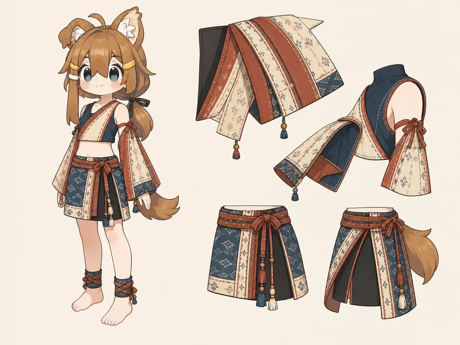 木版面の編集服 — インド織染とドレープの衣装設定画。着用全身と首元、腰の留め具、裾・靴・尾口の構造図。