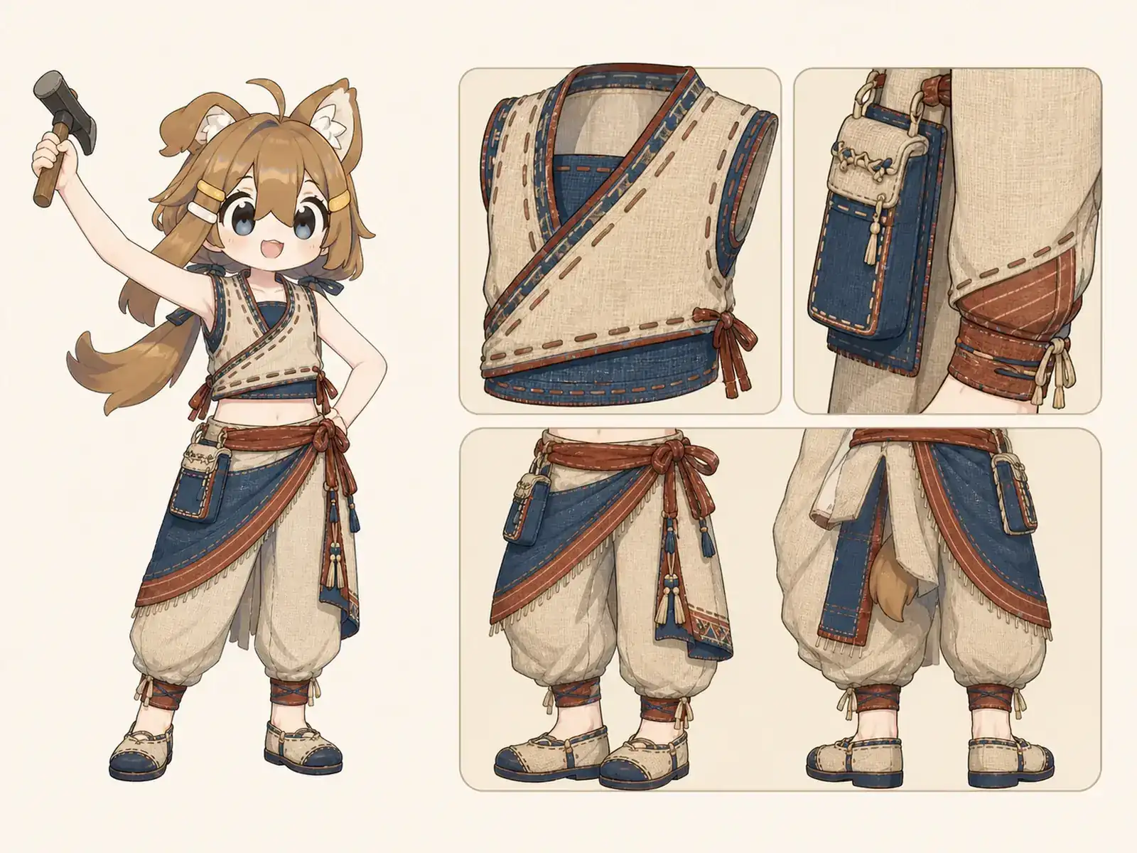 手紡ぎ綿の作業服 — インド織染とドレープの衣装設定画。着用全身と首元、腰の留め具、裾・靴・尾口の構造図。