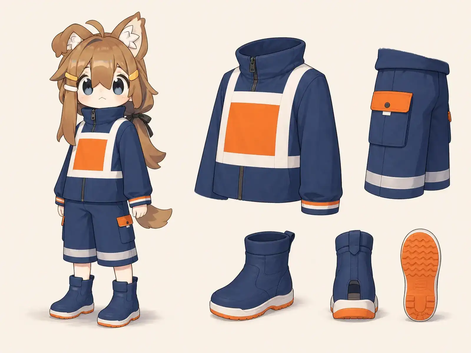島間フェリー甲板の誘導服の衣装設定画。着用全身と首元、腰の留め具、裾・靴・尾口の構造図。