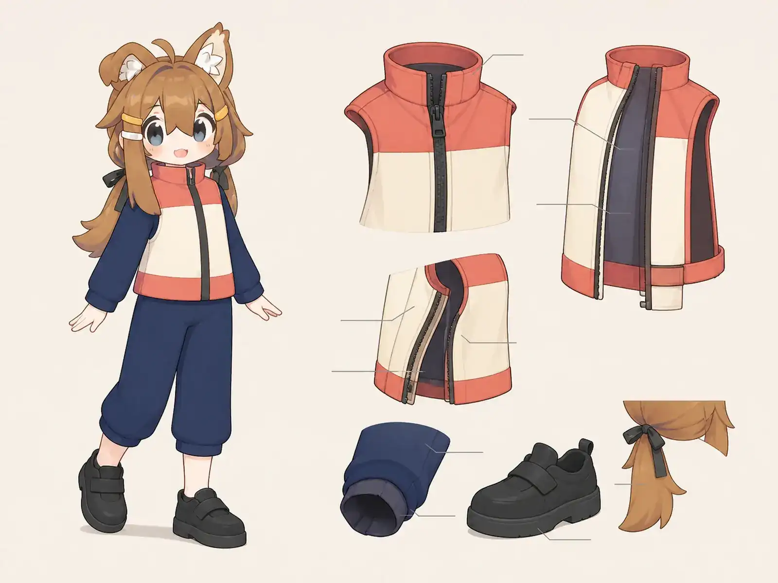 島嶼空港グラウンドマーシャル服の衣装設定画。着用全身と首元、腰の留め具、裾・靴・尾口の構造図。