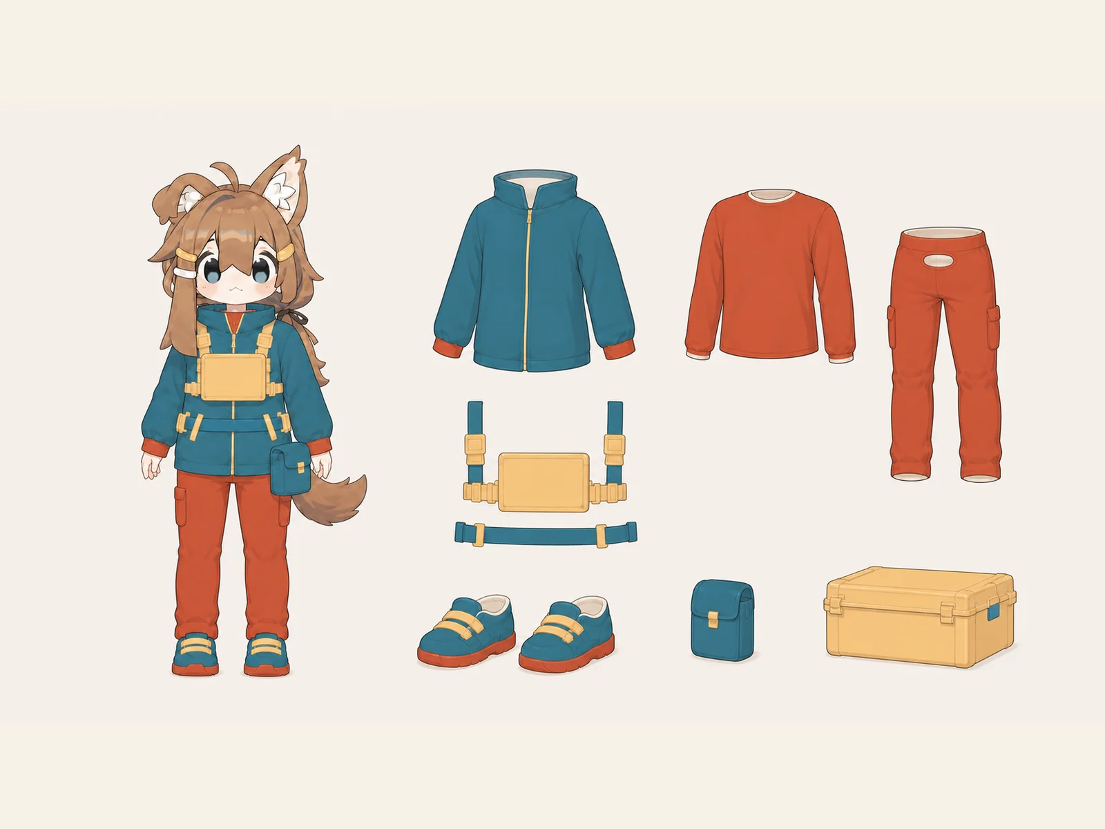 島診療所の補給スタッフ服の衣装設定画。着用全身と首元、腰の留め具、裾・靴・尾口の構造図。