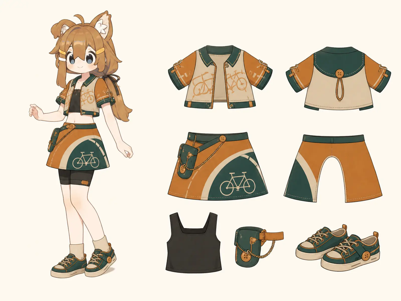 自転車の放課後セットアップの衣装設定画。自由ポーズの着用全身と、衣装ディテール・小物の形や作りを示す。