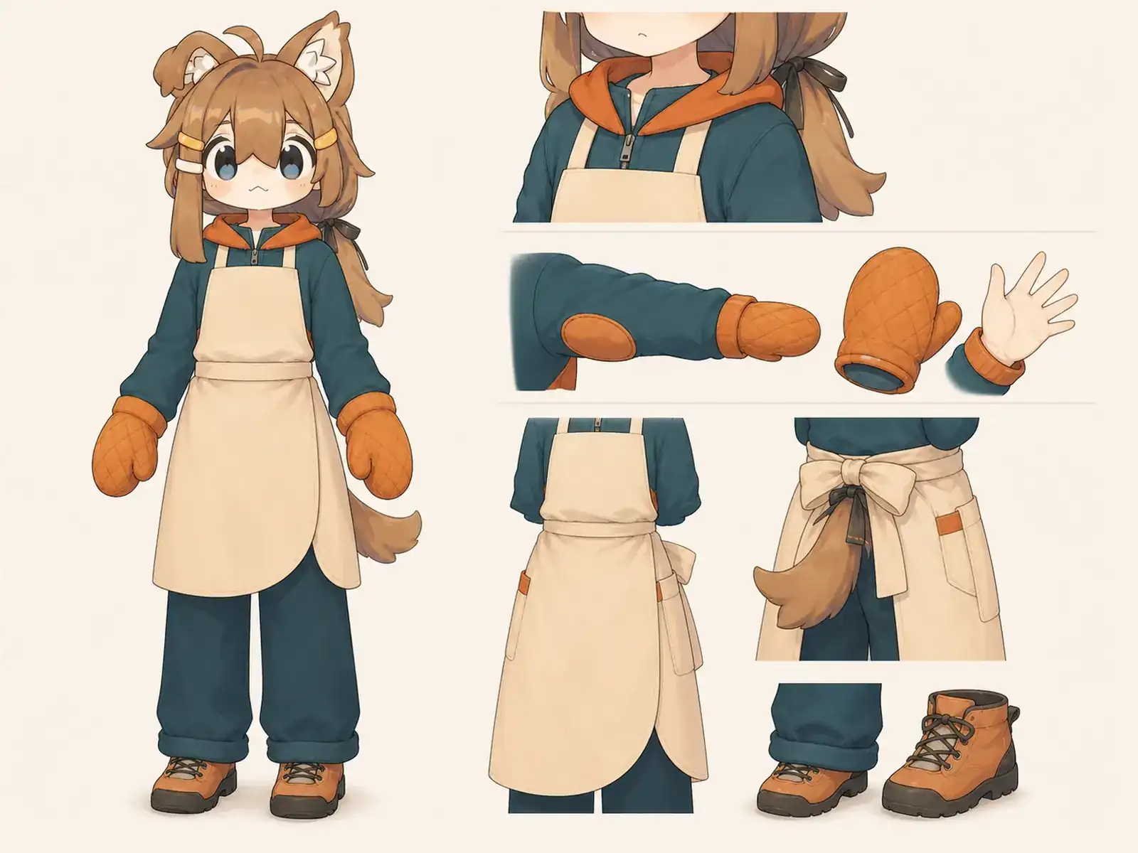 湖畔キャンプの調理服の衣装設定画。着用全身と首元、腰の留め具、裾・靴・尾口の構造図。