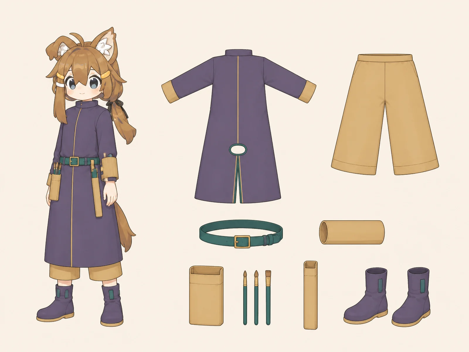 漆工芸師 — 手仕事の現場服の衣装設定画。着用全身と首元、腰の留め具、裾・靴・尾口の構造図。