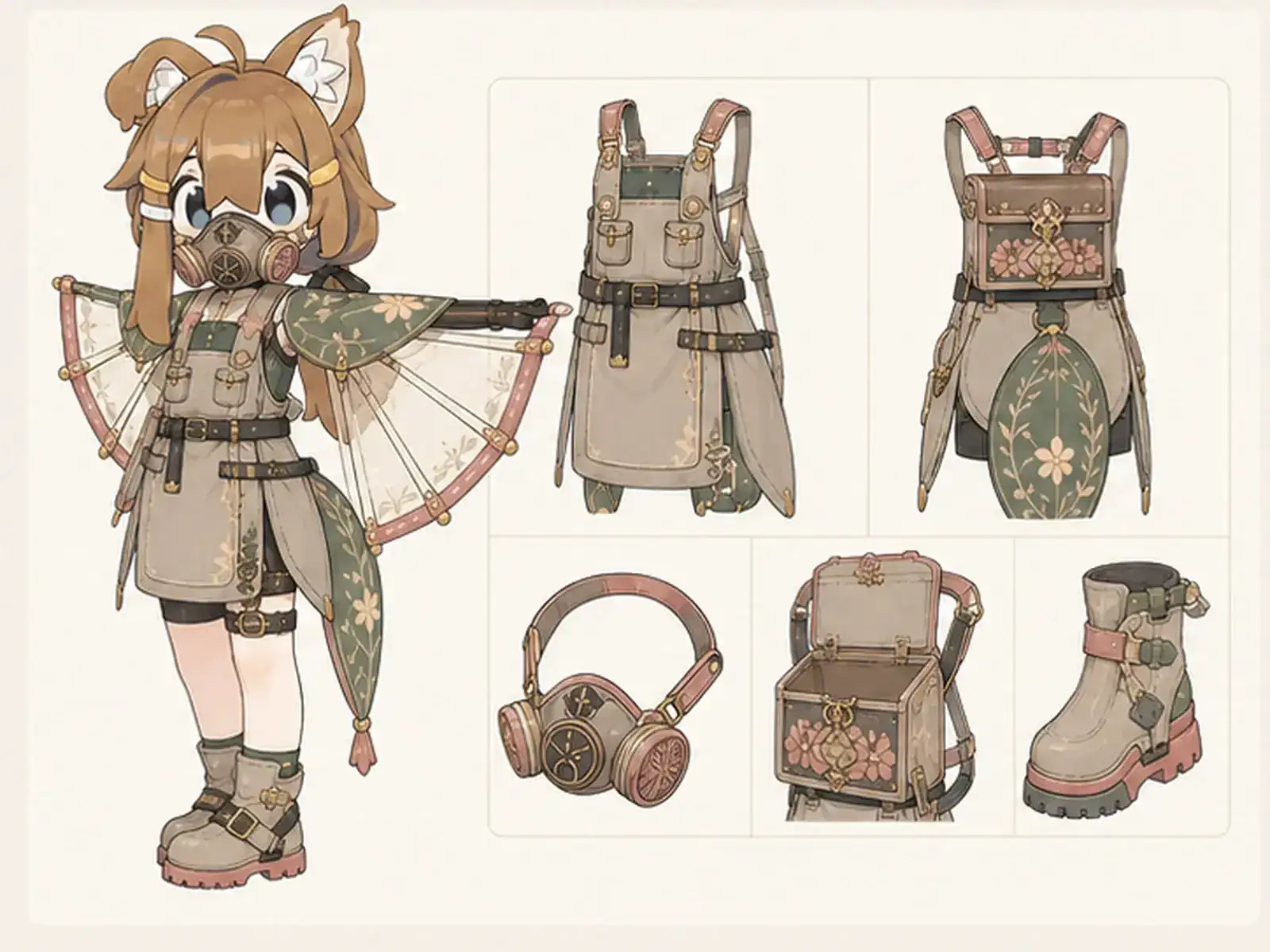 蝕花粉の媒介魔女 — 月面庭園の魔女の衣装設定画。着用全身と首元、腰の留め具、裾・靴・尾口の構造図。