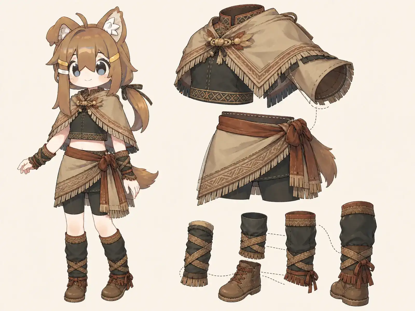 高地の保温レイヤー — マダガスカル織布の現代服の衣装設定画。着用全身と首元、腰の留め具、裾・靴・尾口の構造図。
