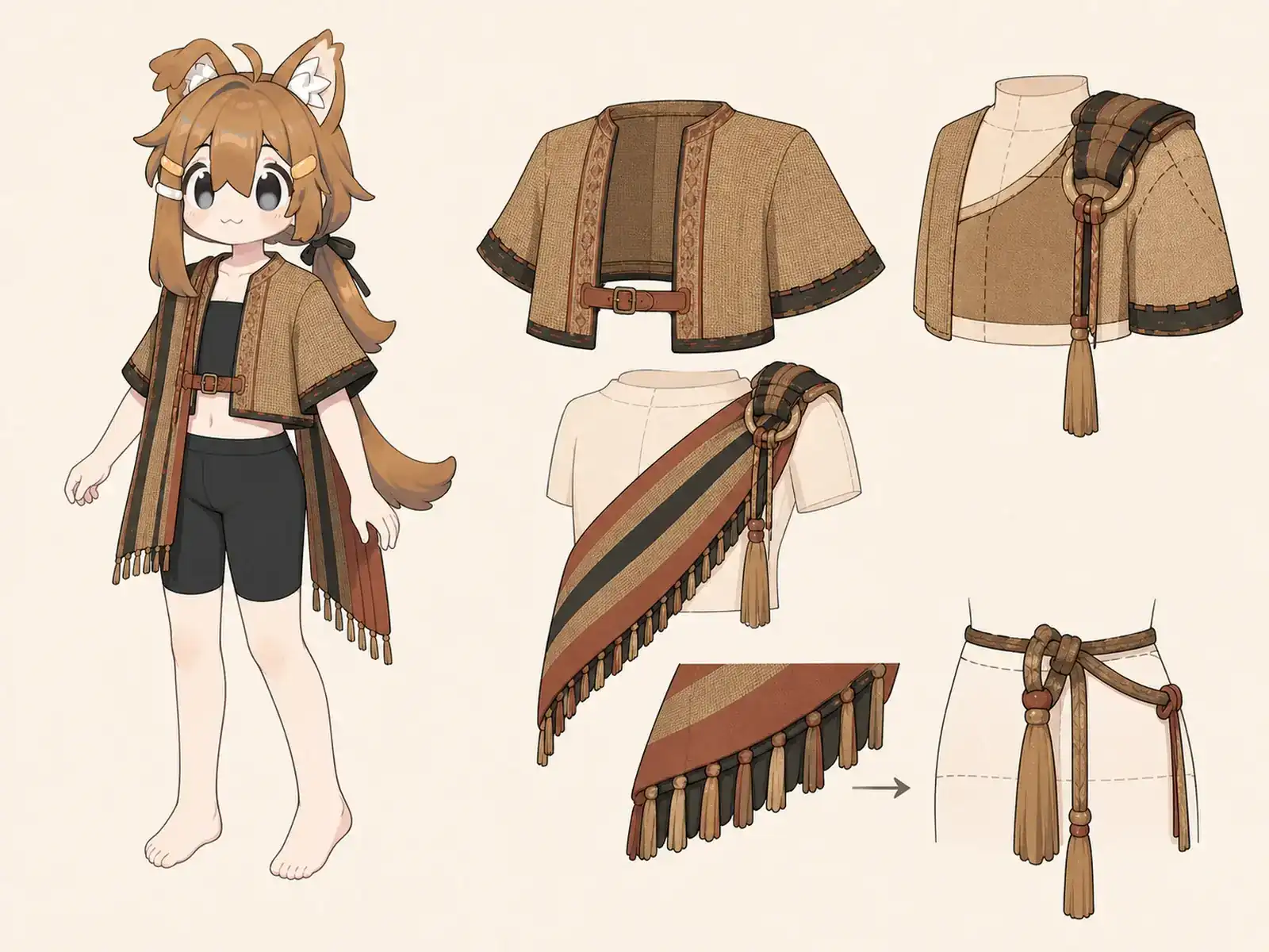 植物繊維の箱型上衣 — マダガスカル織布の現代服の衣装設定画。着用全身と首元、腰の留め具、裾・靴・尾口の構造図。