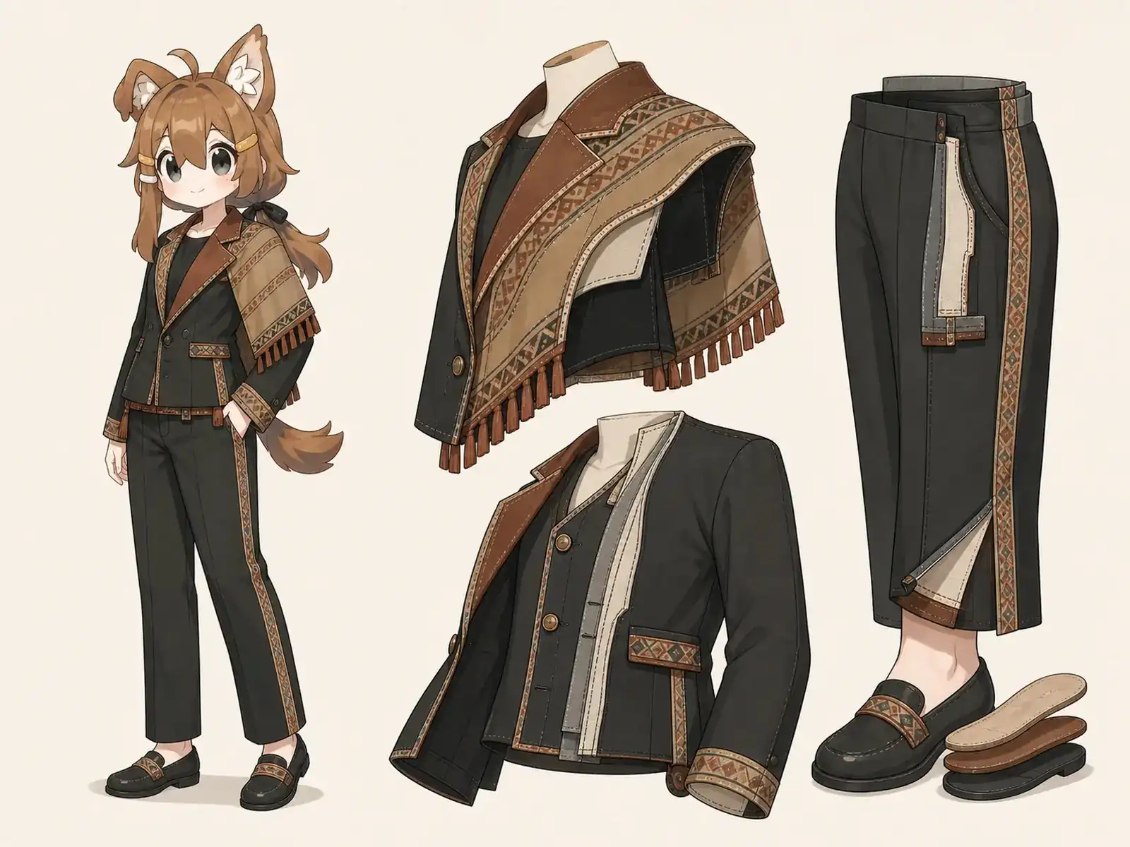 仕立て肩布スーツ — マダガスカル織布の現代服の衣装設定画。着用全身と首元、腰の留め具、裾・靴・尾口の構造図。