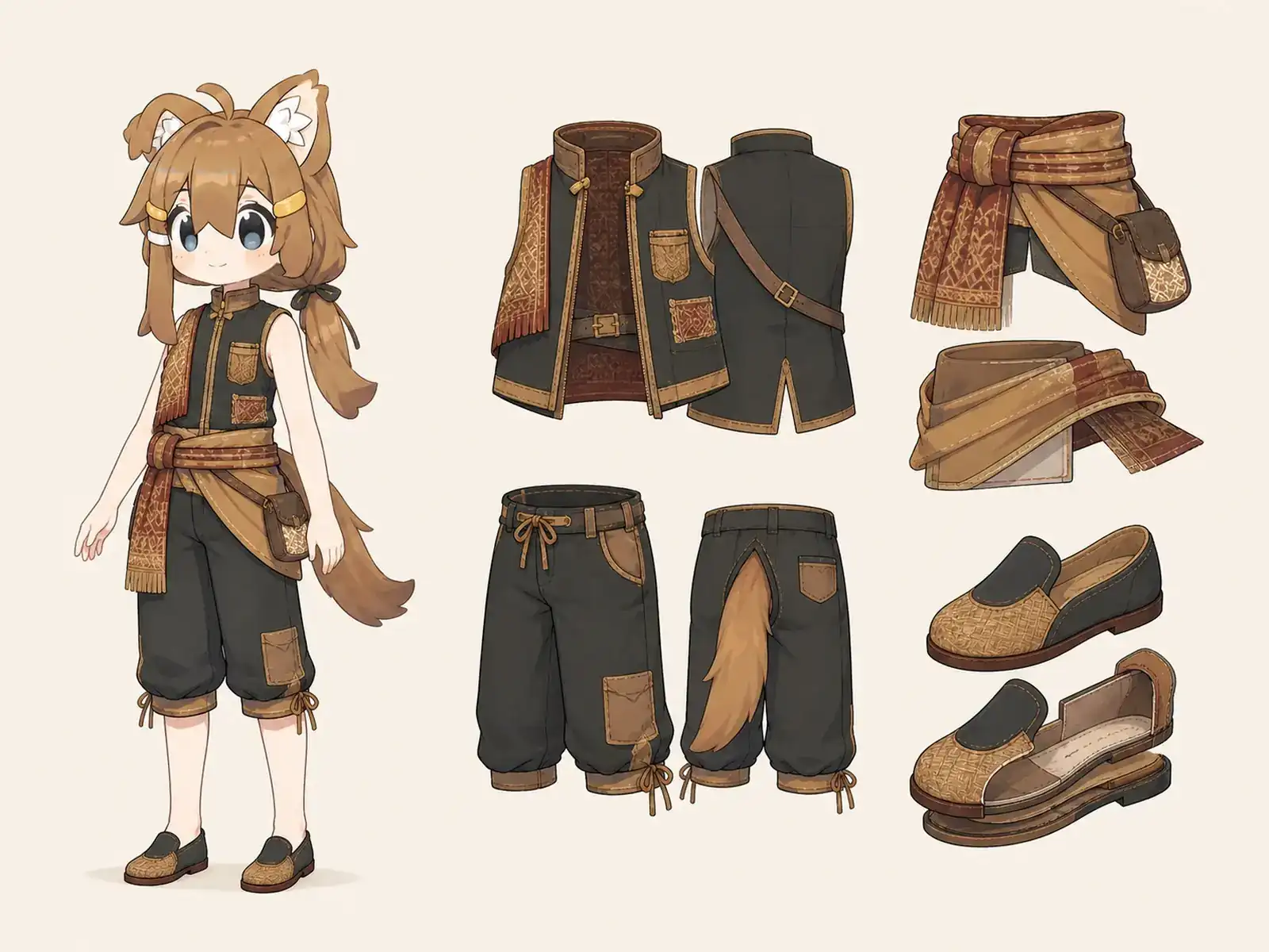 手織り工房の作業服 — マダガスカル織布の現代服の衣装設定画。着用全身と首元、腰の留め具、裾・靴・尾口の構造図。