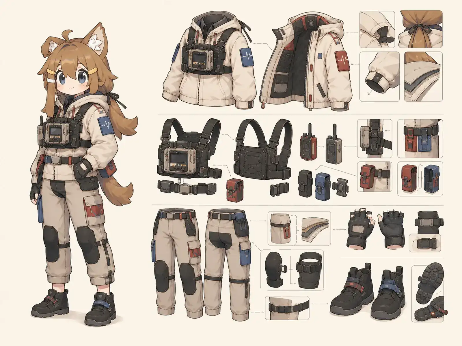 空撮操縦者 — 映像・音響の制作服の衣装設定画。着用全身と首元、腰の留め具、裾・靴・尾口の構造図。