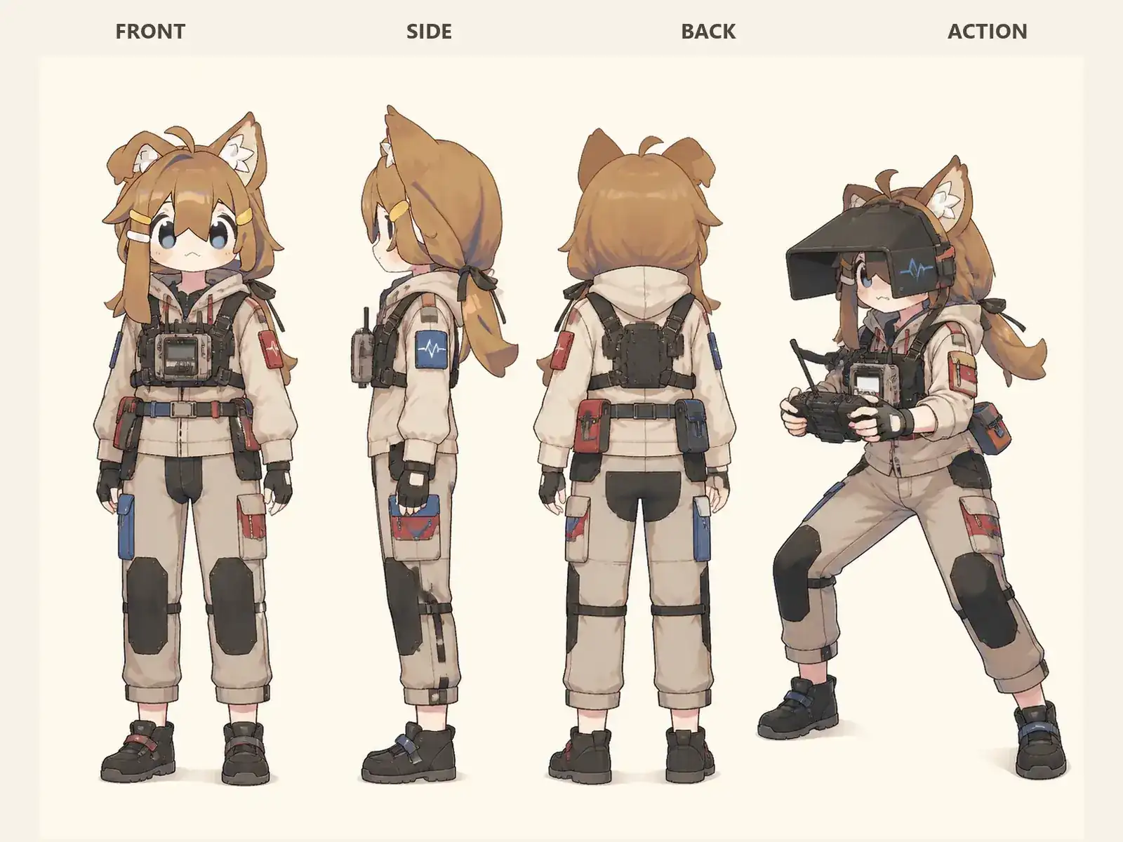 空撮操縦者 — 映像・音響の制作服を着た低身長ユニセックスモデルの正面、左側面、背面、任意ポーズを左から並べた衣装設計図。