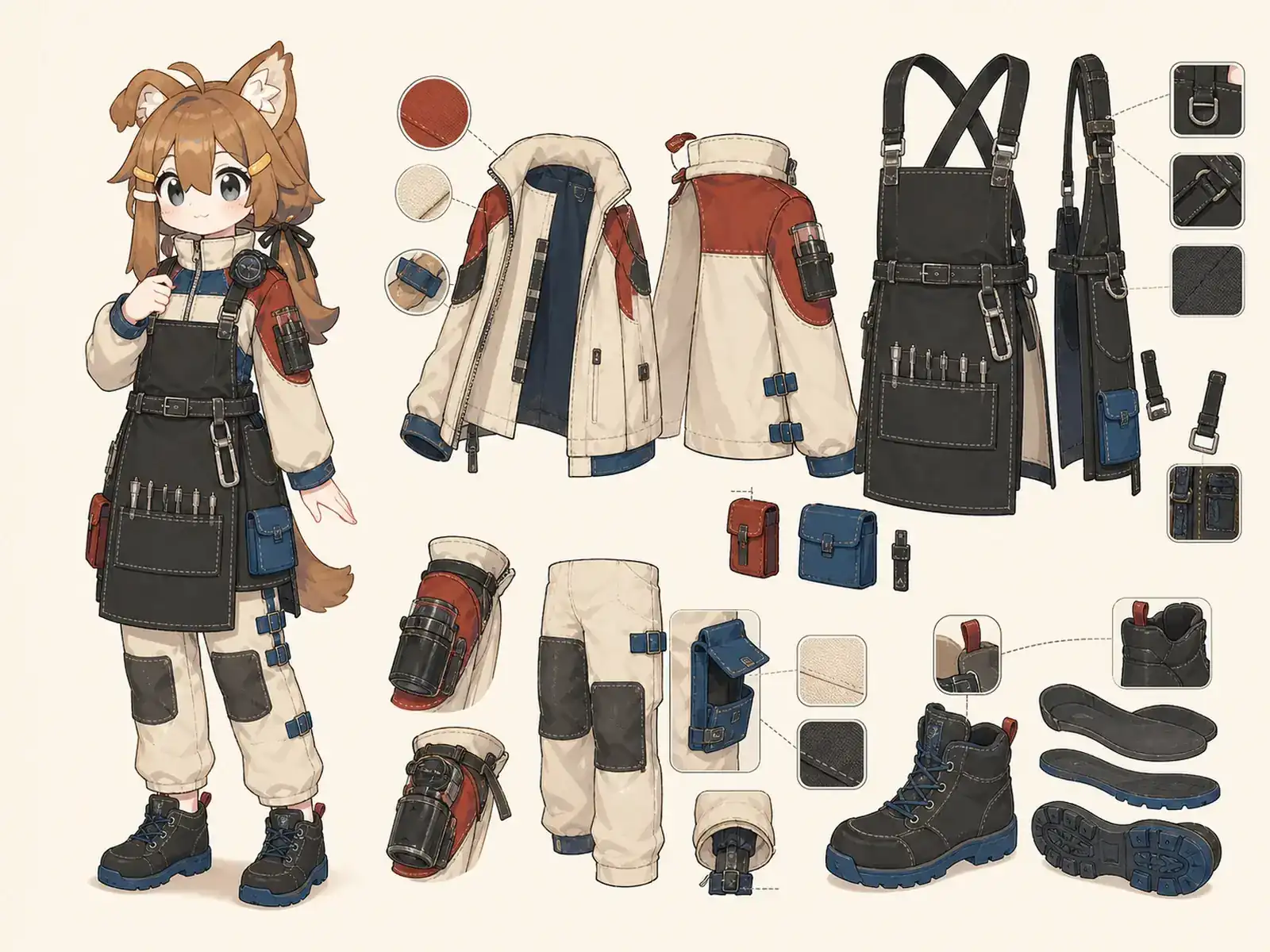 コマ撮り造形師 — 映像・音響の制作服の衣装設定画。着用全身と首元、腰の留め具、裾・靴・尾口の構造図。