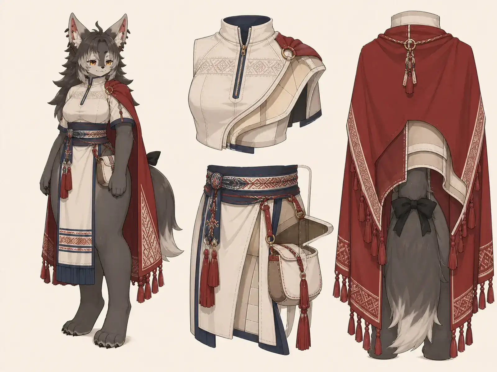 コチニール色の夜会服 — メキシコ織り服の現代構造の衣装設定画。着用全身と首元、腰の留め具、裾・靴・尾口の構造図。