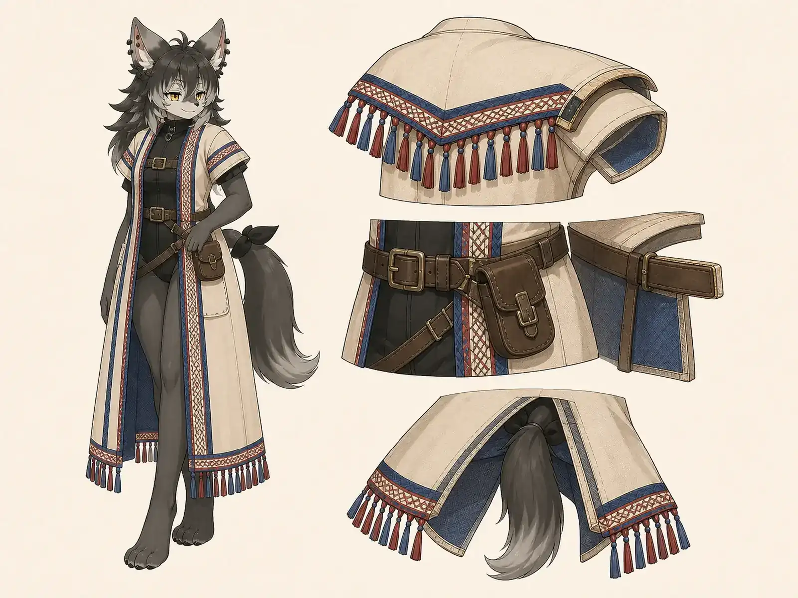 房端の直線コート — メキシコ織り服の現代構造の衣装設定画。着用全身と首元、腰の留め具、裾・靴・尾口の構造図。