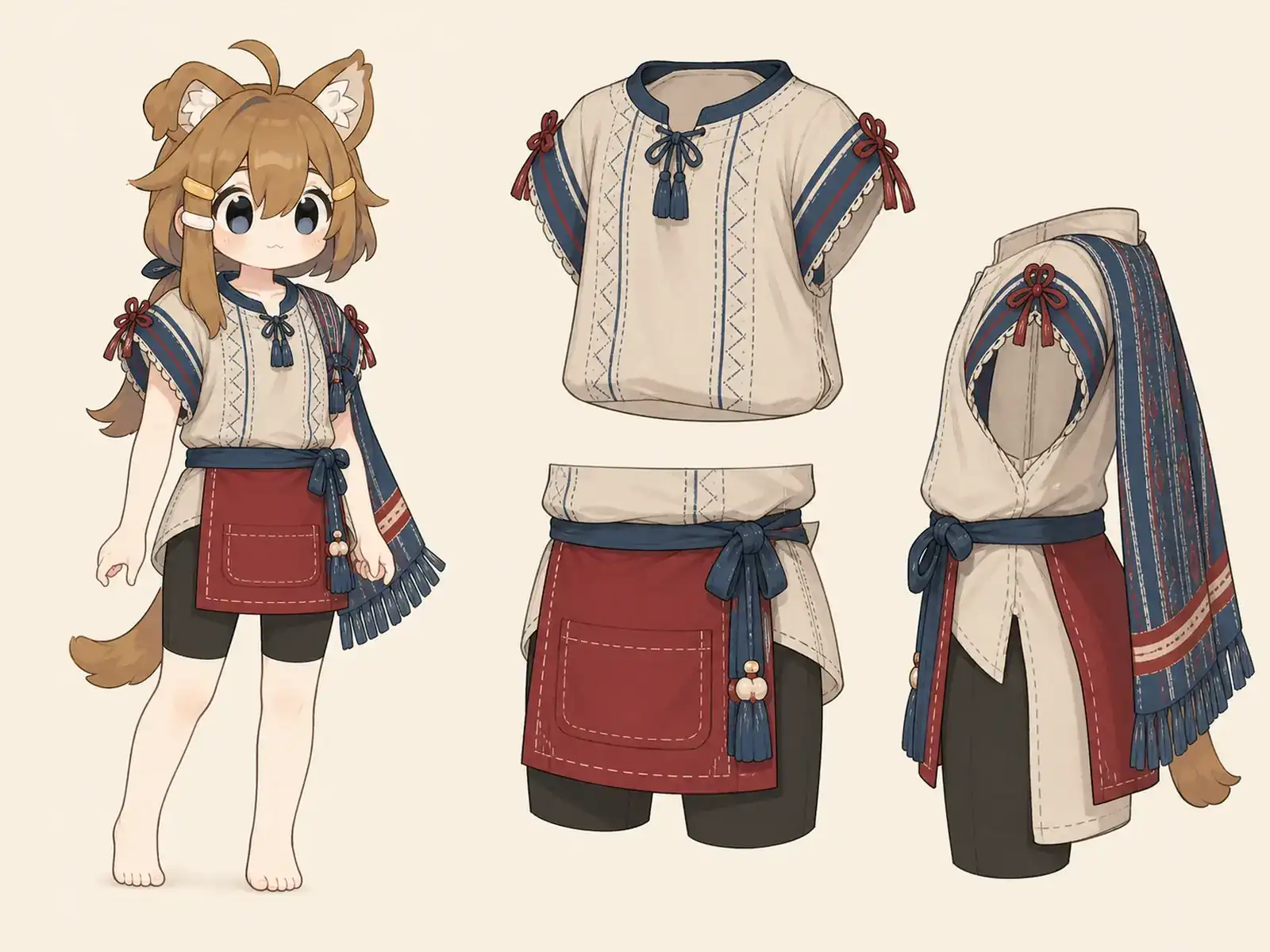 藍織りの作業上衣 — メキシコ織り服の現代構造の衣装設定画。着用全身と首元、腰の留め具、裾・靴・尾口の構造図。