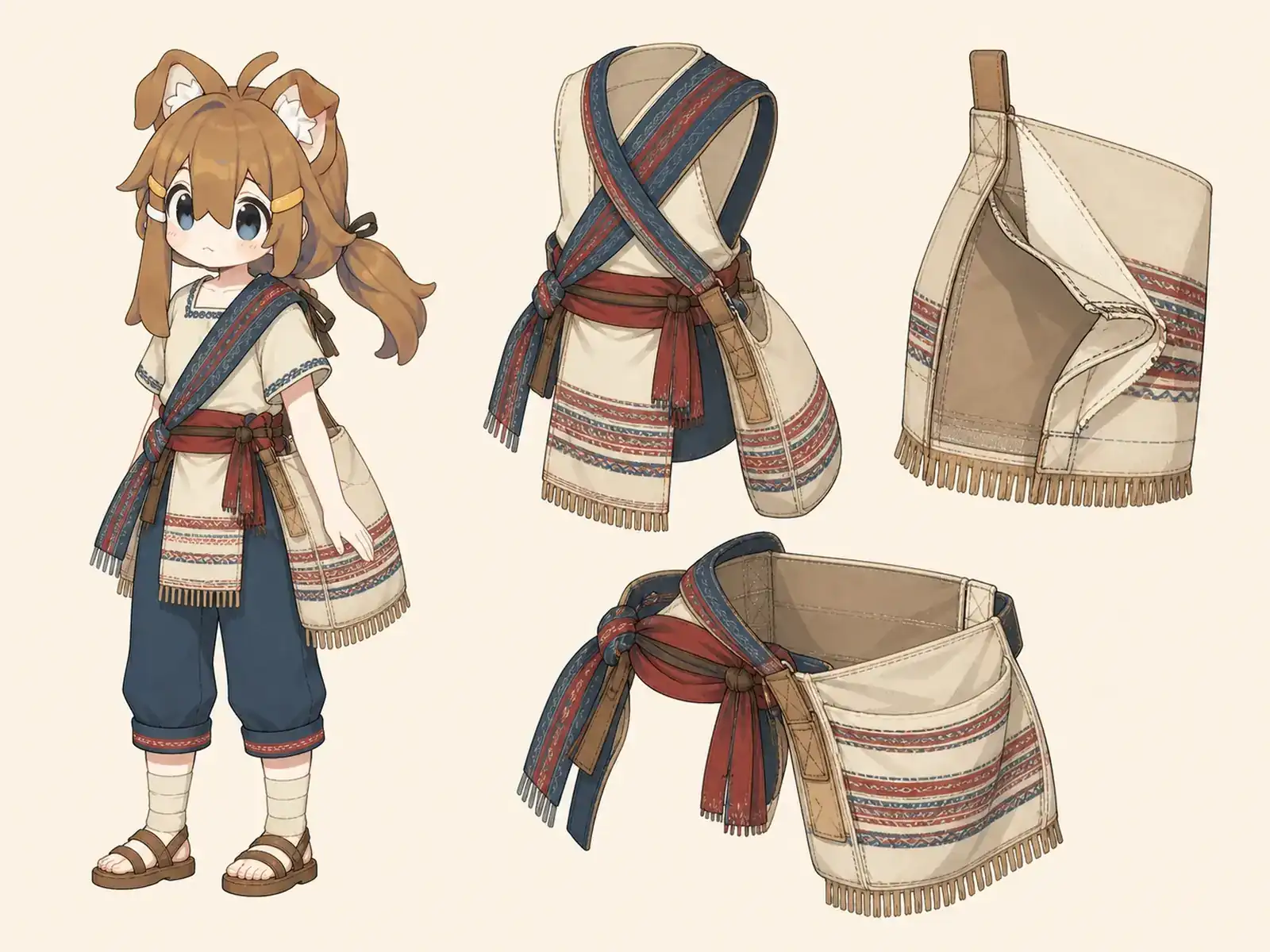 市場運搬の巻き布服 — メキシコ織り服の現代構造の衣装設定画。着用全身と首元、腰の留め具、裾・靴・尾口の構造図。