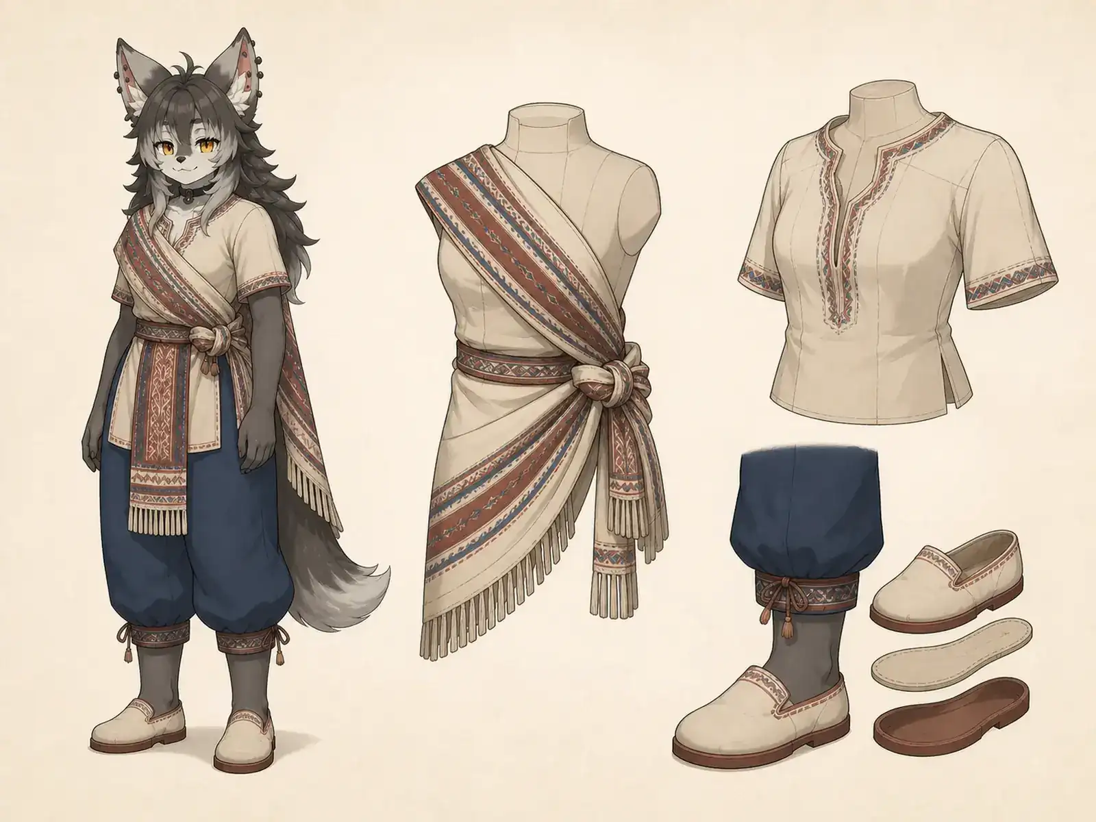 肩掛け布の通勤服 — メキシコ織り服の現代構造の衣装設定画。着用全身と首元、腰の留め具、裾・靴・尾口の構造図。