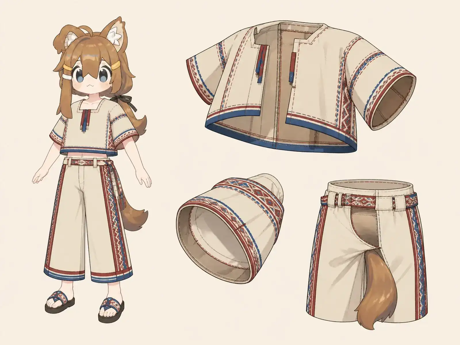 短丈貫頭ジャケット — メキシコ織り服の現代構造の衣装設定画。着用全身と首元、腰の留め具、裾・靴・尾口の構造図。