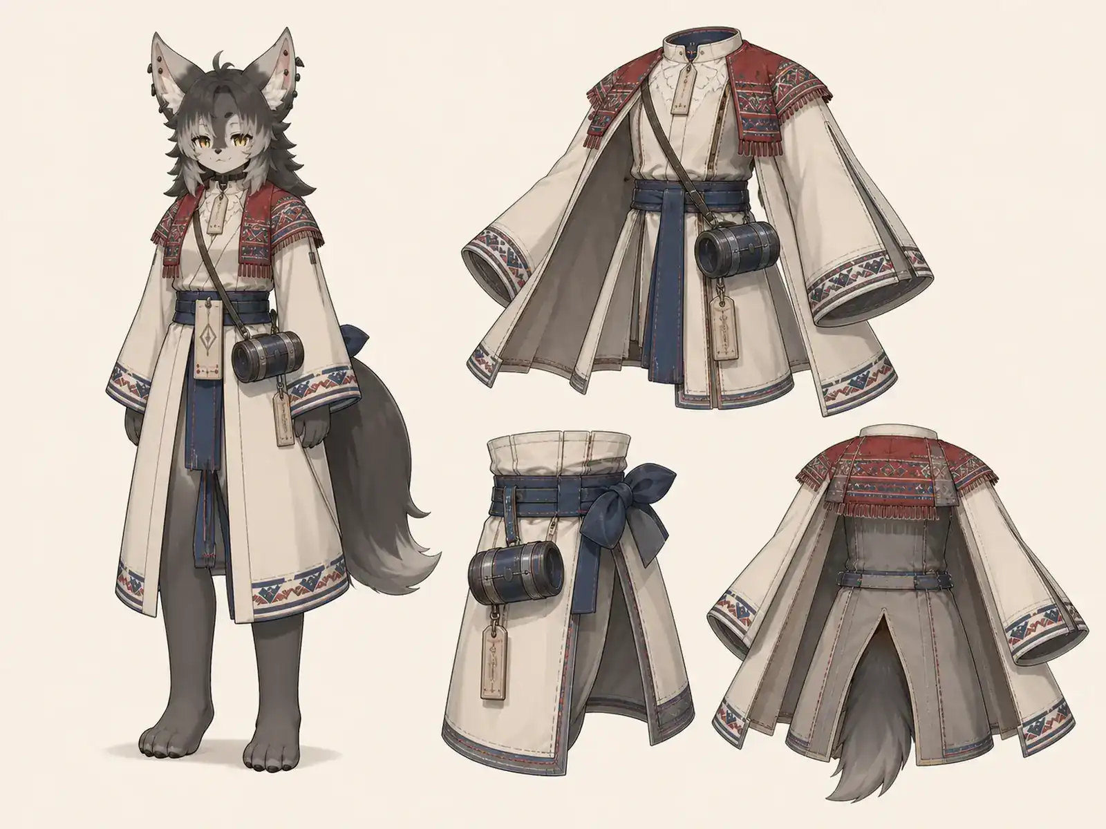 メキシコ織物の登録員服 — メキシコ織り服の現代構造の衣装設定画。着用全身と首元、腰の留め具、裾・靴・尾口の構造図。