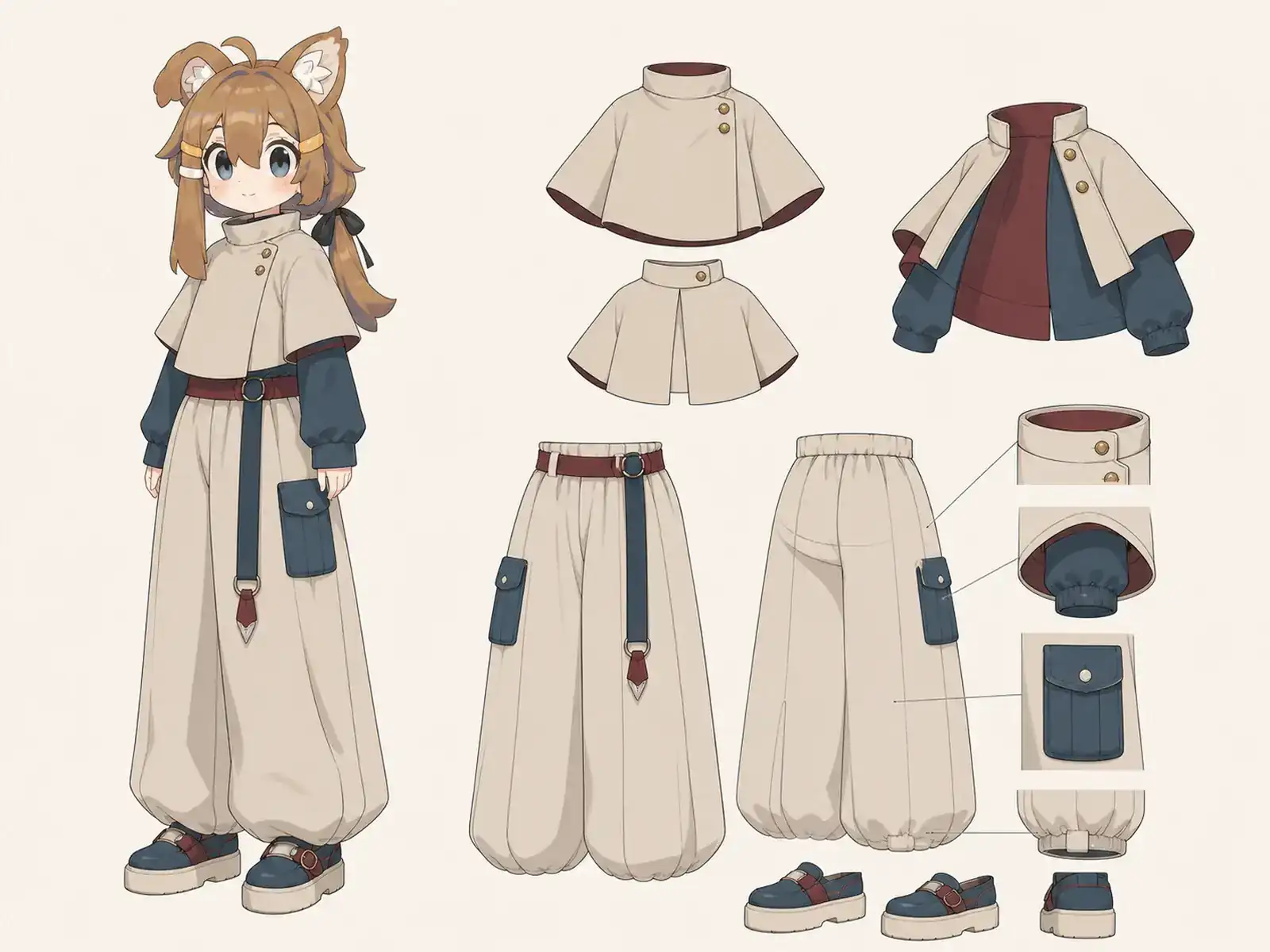 ケープシャツと筒パンツ — 現代モデスト・ボリュームの衣装設定画。着用全身と首元、腰の留め具、裾・靴・尾口の構造図。
