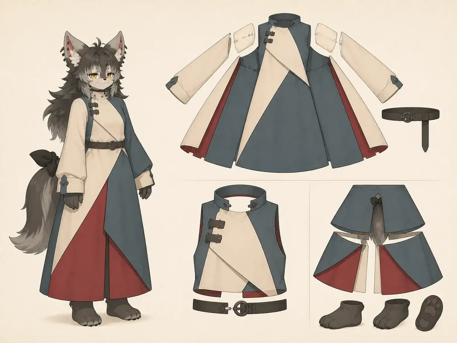 大面パネルのマキシ服 — 現代モデスト・ボリュームの衣装設定画。着用全身と首元、腰の留め具、裾・靴・尾口の構造図。