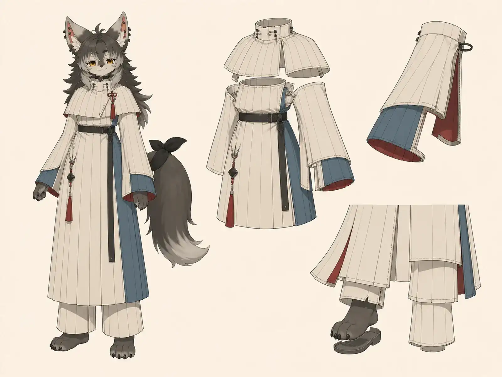 放射プリーツの柱形服 — 現代モデスト・ボリュームの衣装設定画。着用全身と首元、腰の留め具、裾・靴・尾口の構造図。