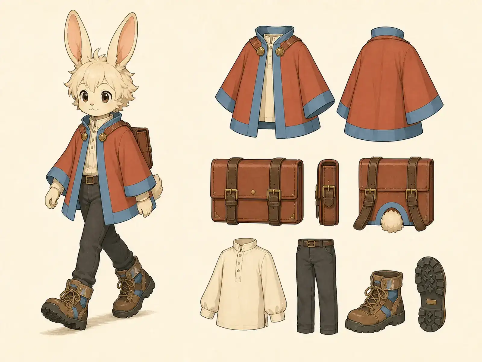 山岳協同組合メッセンジャー服の衣装設定画。着用全身と首元、腰の留め具、裾・靴・尾口の構造図。