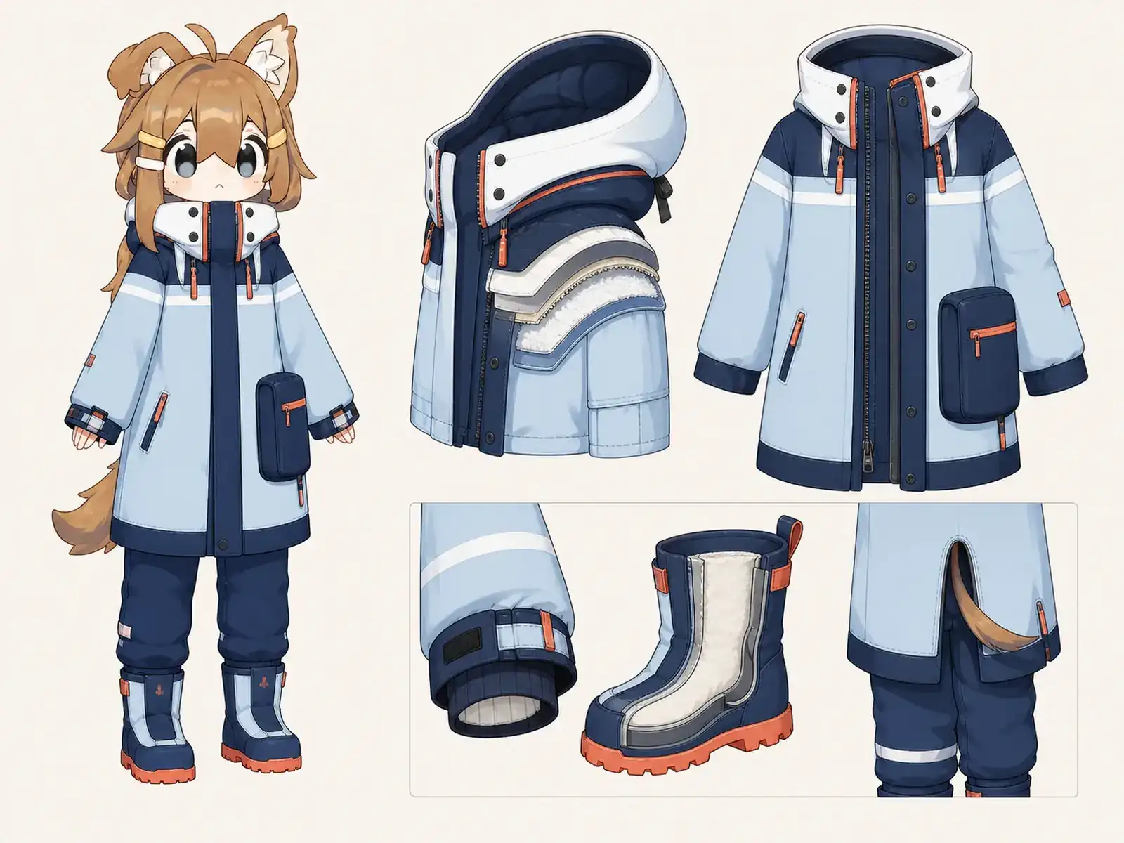 高地市場コールドチェーン服の衣装設定画。着用全身と首元、腰の留め具、裾・靴・尾口の構造図。
