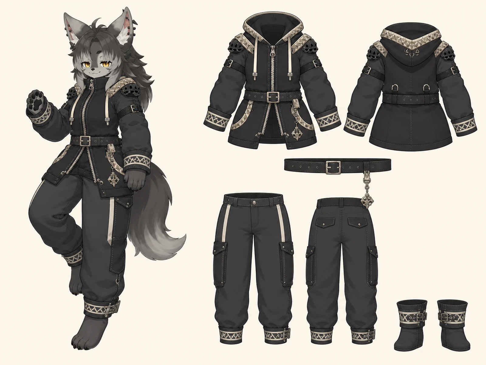 第236案・収蔵衣装の構造設計の衣装設定画。着用全身と首元、腰の留め具、裾・靴・尾口の構造図。