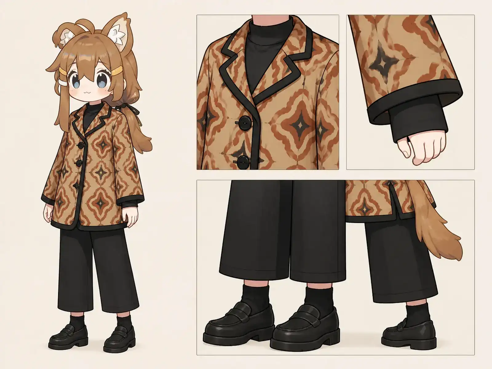 第220案・収蔵衣装の構造設計の衣装設定画。着用全身と首元、腰の留め具、裾・靴・尾口の構造図。