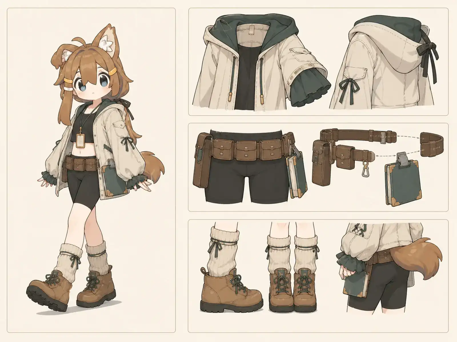 考古整理室の作業服 — ニュー・アカデミックの衣装設定画。着用全身と首元、腰の留め具、裾・靴・尾口の構造図。