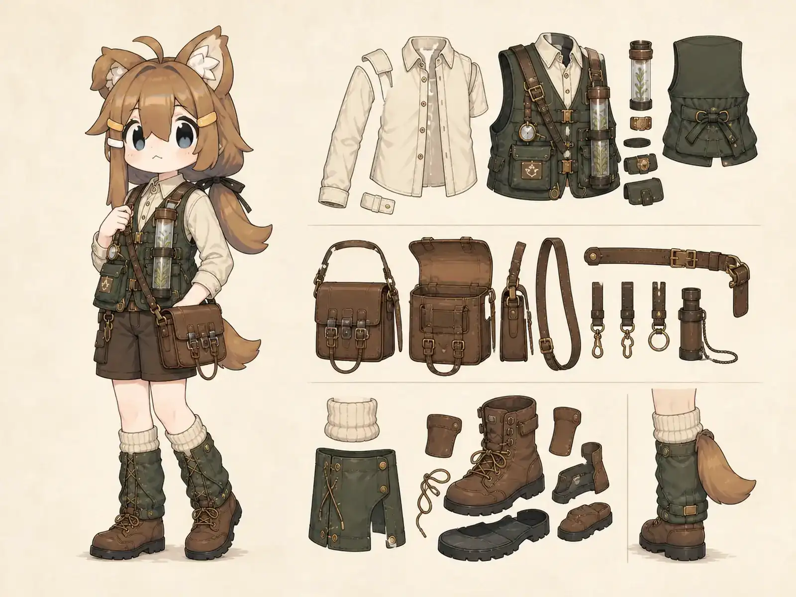 野外生物学の研究服 — ニュー・アカデミックの衣装設定画。着用全身と首元、腰の留め具、裾・靴・尾口の構造図。
