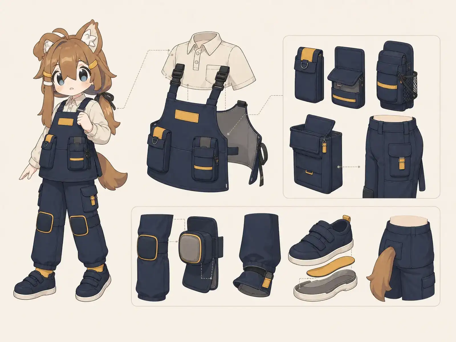 夜行バス移動支援スタッフ服の衣装設定画。着用全身と首元、腰の留め具、裾・靴・尾口の構造図。