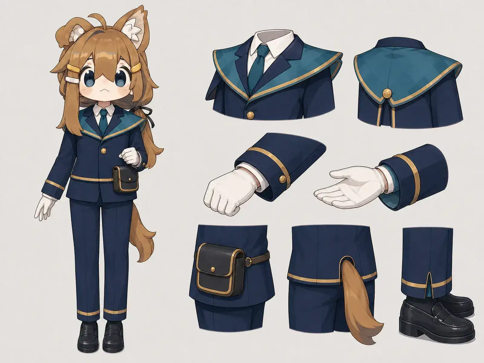 夜間バスターミナルの案内服の衣装設定画。着用全身と首元、腰の留め具、裾・靴・尾口の構造図。