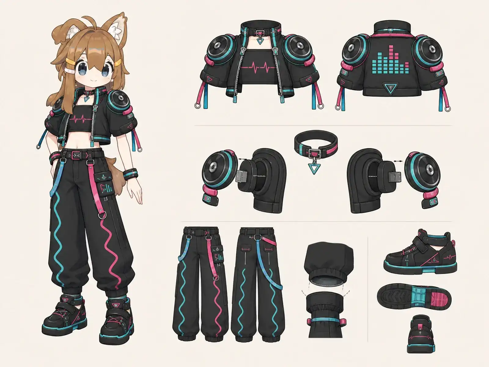 音箱肩のダンス服 — ナイトクラブ幾何学の衣装設定画。着用全身と首元、腰の留め具、裾・靴・尾口の構造図。