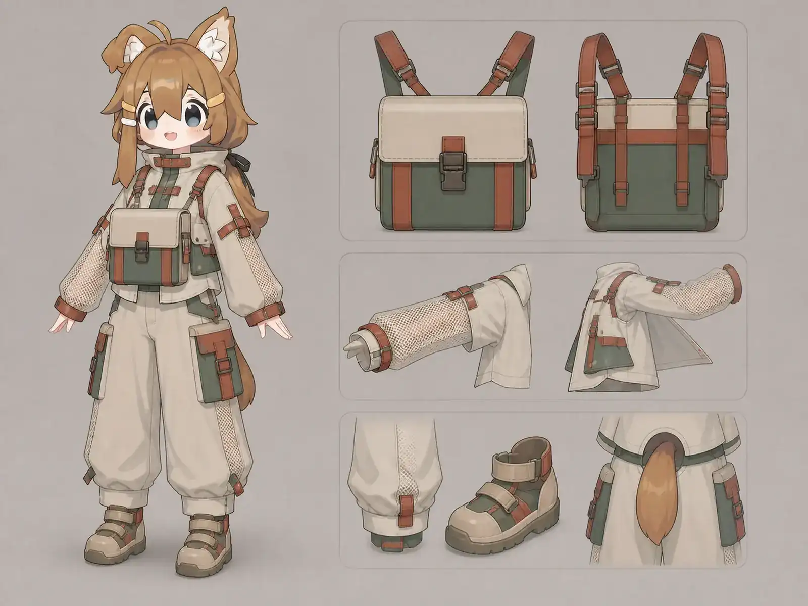 オアシス学校補給スタッフ服の衣装設定画。着用全身と首元、腰の留め具、裾・靴・尾口の構造図。