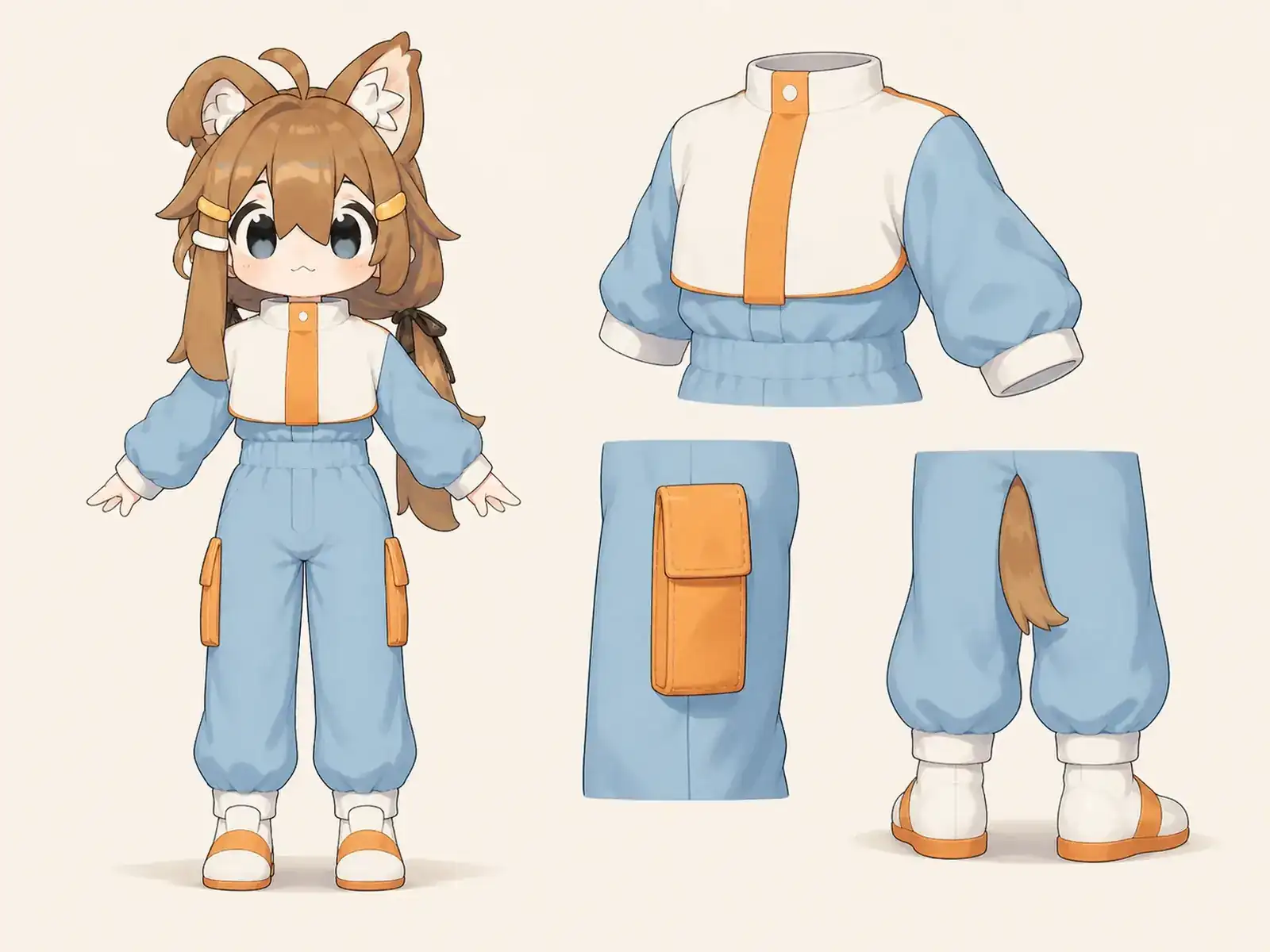 軌道上ランドリーの作業服の衣装設定画。着用全身と首元、腰の留め具、裾・靴・尾口の構造図。