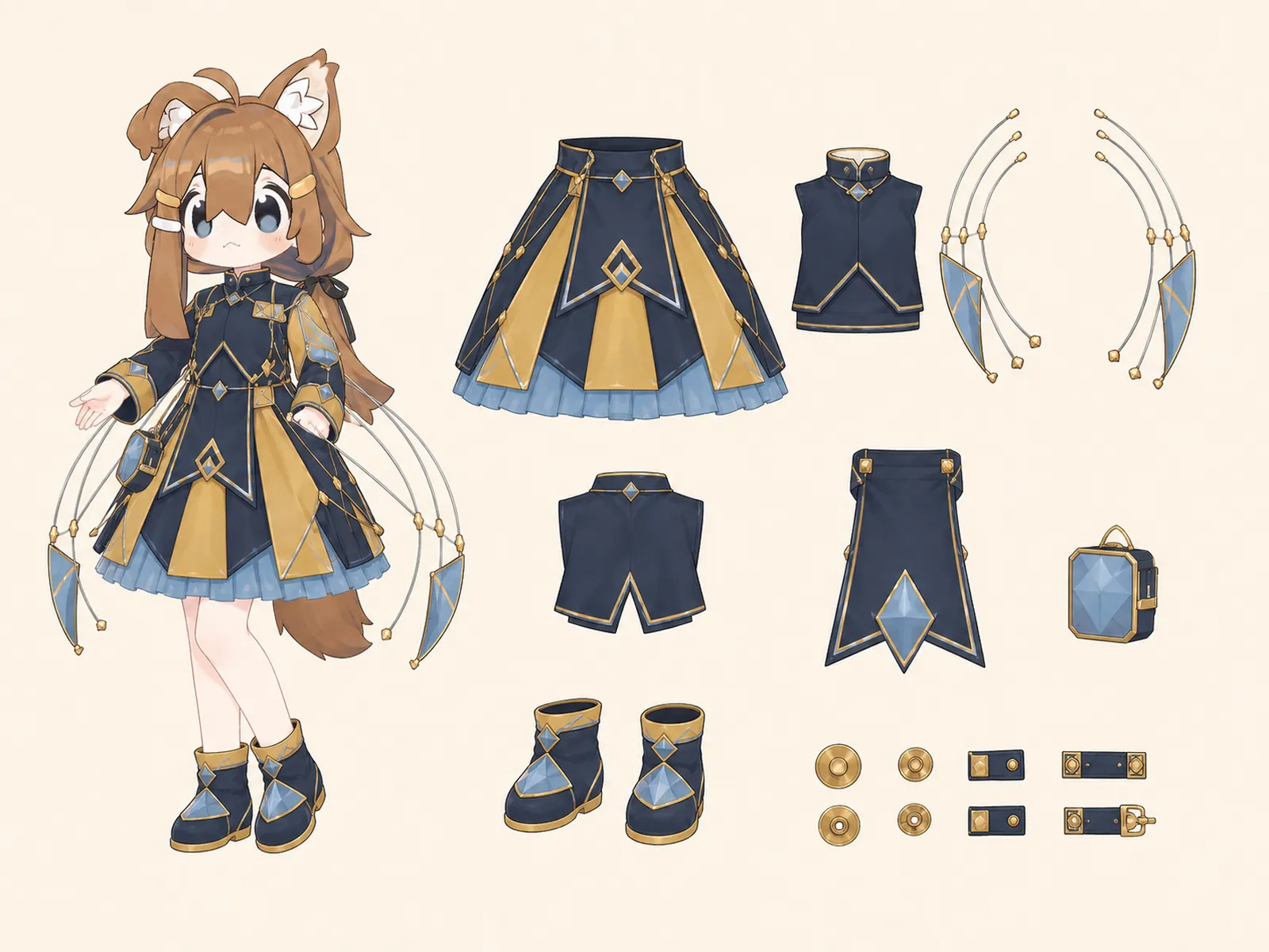 小惑星の祭典の変形舞台服の衣装設定画。自由ポーズの着用全身と、衣装ディテール・小物の形や作りを示す。