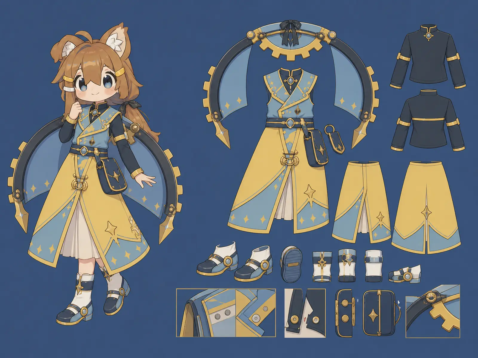 時計塔遊覧の変形舞台服の衣装設定画。自由ポーズの着用全身と、衣装ディテール・小物の形や作りを示す。