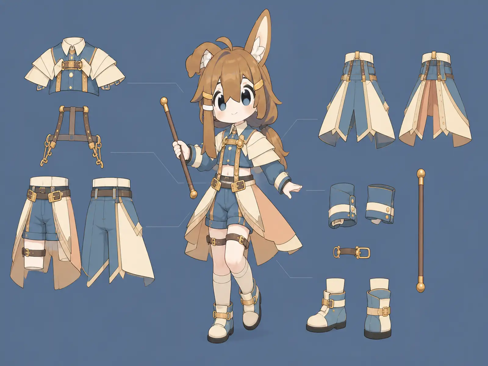 雲海航路の変形舞台服の衣装設定画。自由ポーズの着用全身と、衣装ディテール・小物の形や作りを示す。