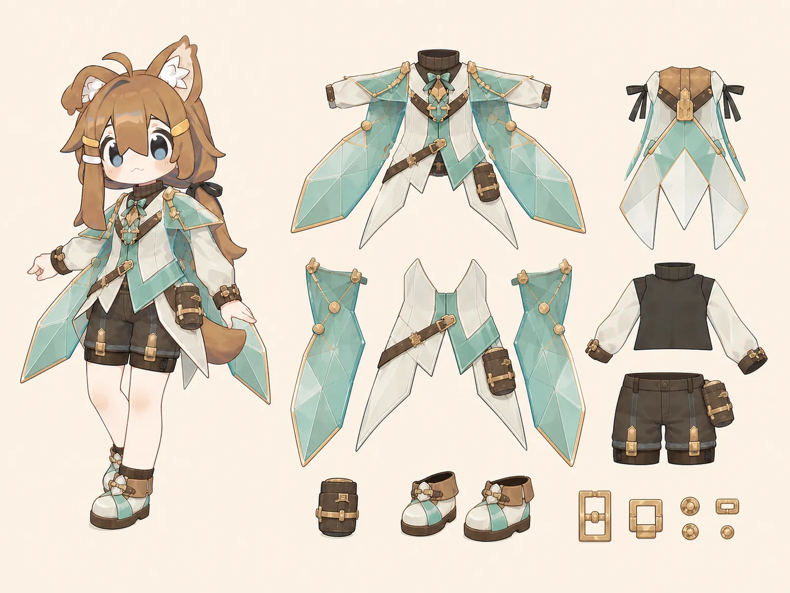 結晶洞窟の助手の変形舞台服の衣装設定画。自由ポーズの着用全身と、衣装ディテール・小物の形や作りを示す。