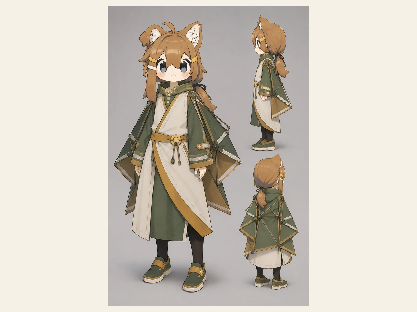 夜明けの舞台袖の変形舞台服の衣装設定画。自由ポーズの着用全身と、衣装ディテール・小物の形や作りを示す。