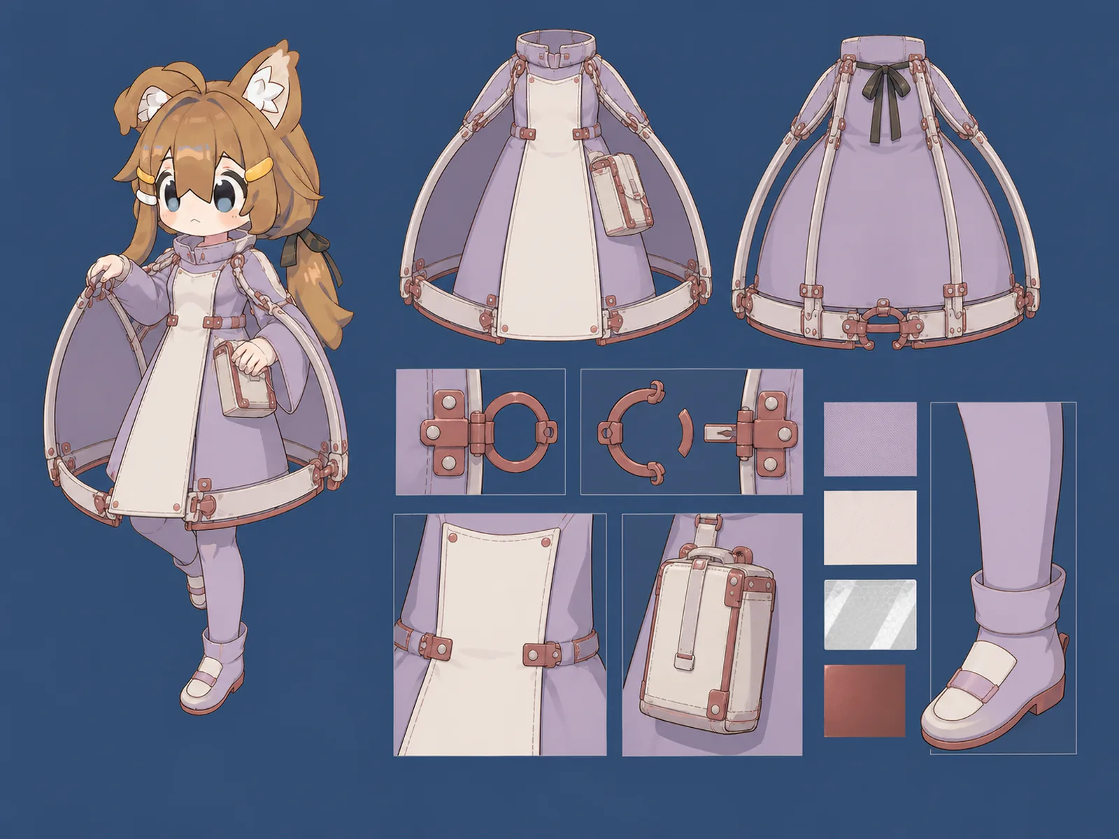 深海観測の変形舞台服の衣装設定画。自由ポーズの着用全身と、衣装ディテール・小物の形や作りを示す。
