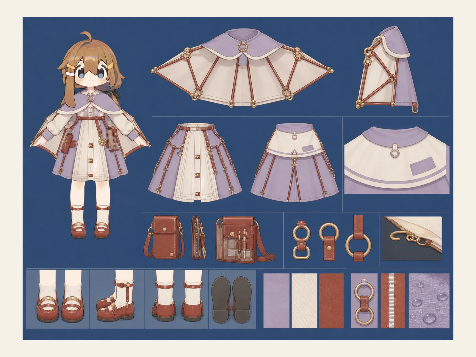 空飛ぶ図書便の変形舞台服の衣装設定画。自由ポーズの着用全身と、衣装ディテール・小物の形や作りを示す。