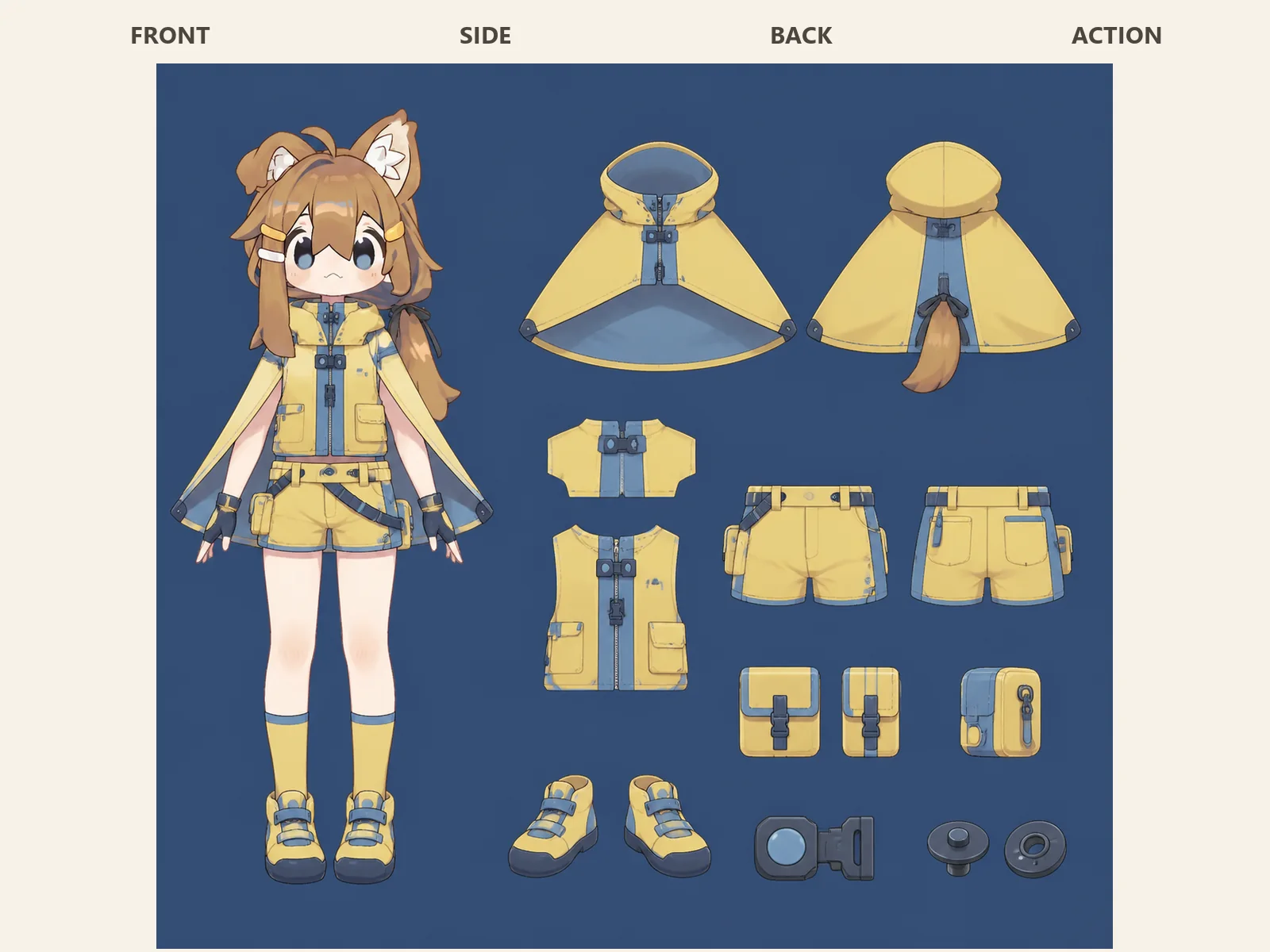 銀河バス停の変形舞台服の衣装設定画。自由ポーズの着用全身と、衣装ディテール・小物の形や作りを示す。