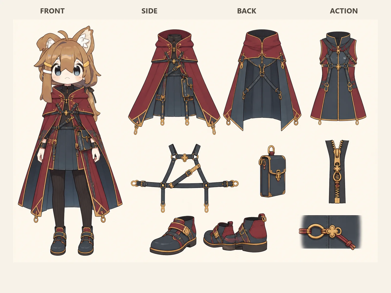 宝石鉱山の変形舞台服の衣装設定画。自由ポーズの着用全身と、衣装ディテール・小物の形や作りを示す。