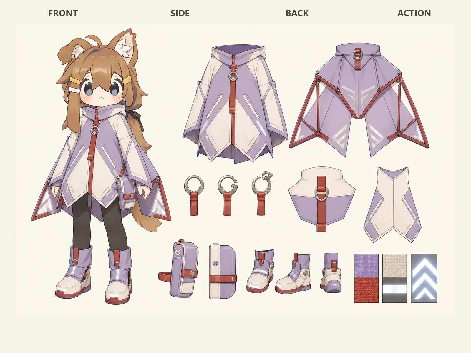 小さな竜の巣の変形舞台服の衣装設定画。自由ポーズの着用全身と、衣装ディテール・小物の形や作りを示す。